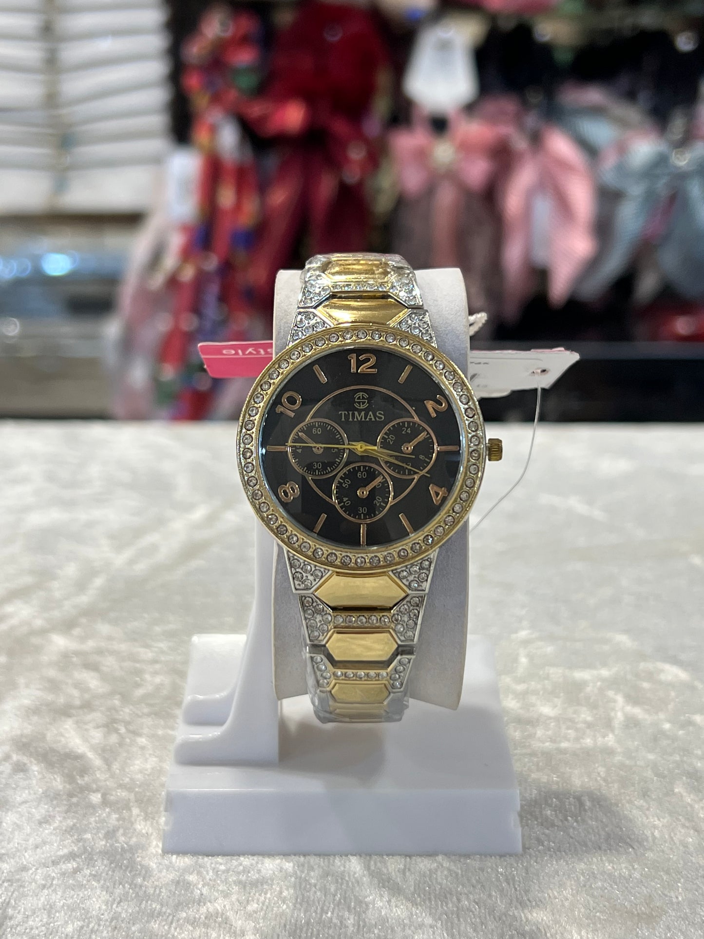 TIMAS Black & Gold Diamond-Styled Ladies Wristwatch