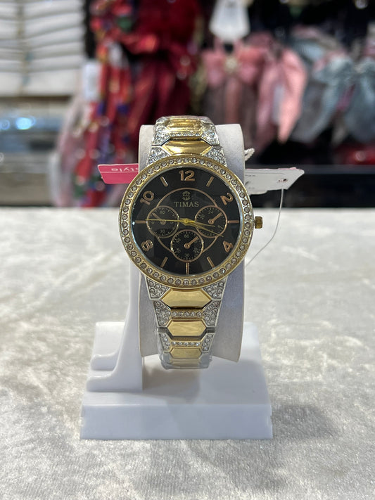 TIMAS Black & Gold Diamond-Styled Ladies Wristwatch